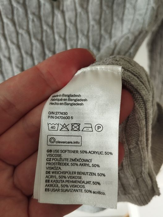 Bluzka dzianinowa, cienki sweter basic, haft cytryna, warkocze, szary