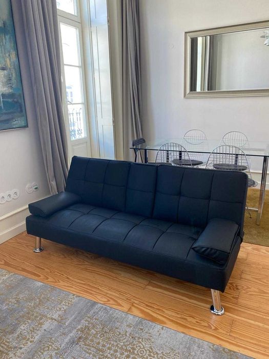 Sofá-cama preto 3 lugares pele sintética NOVO