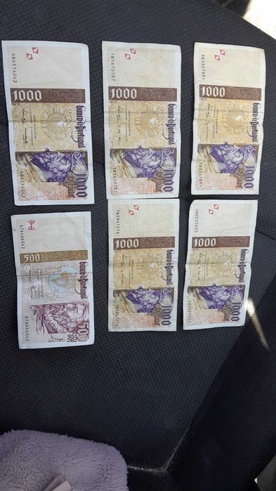 Notas de 1000 escudos e moedas alpaca 50 centavos 1938,1928 e 19511