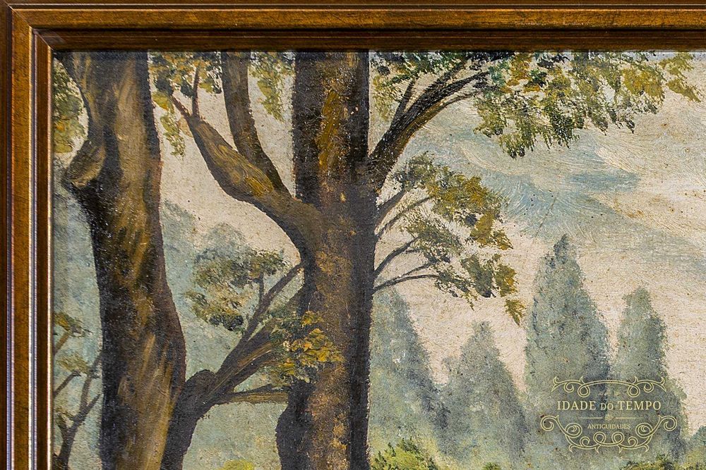 Antiga pintura a óleo de paisagem campestre