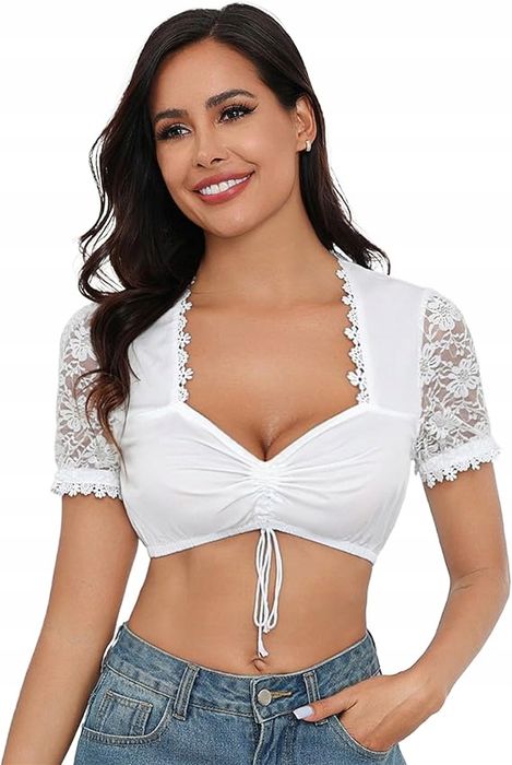 Krótka bluzka z koronkowymi rękawkami dirndl biała Oktoberfest XL