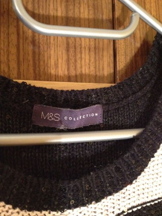 Marks&Spencer M&S sweter oversize paski cekiny czarne białe unikat cie