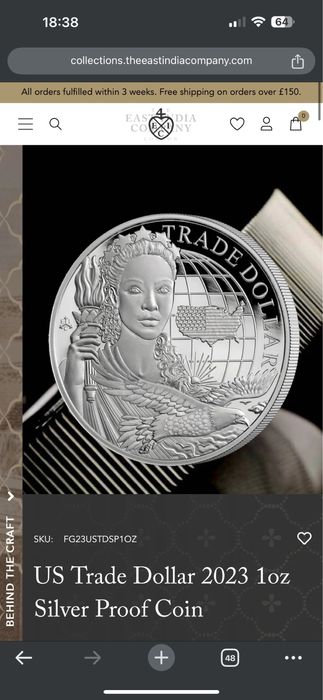 Монета Торговий доллар сша унція срібла 999 британія royal упаковка