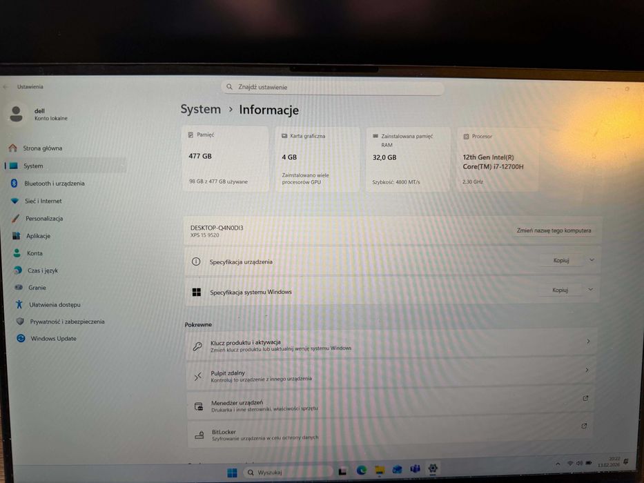 Dell XPS 15 9520 i7‑12700H / 32 GB / 512 GB SSD / RTX3050
