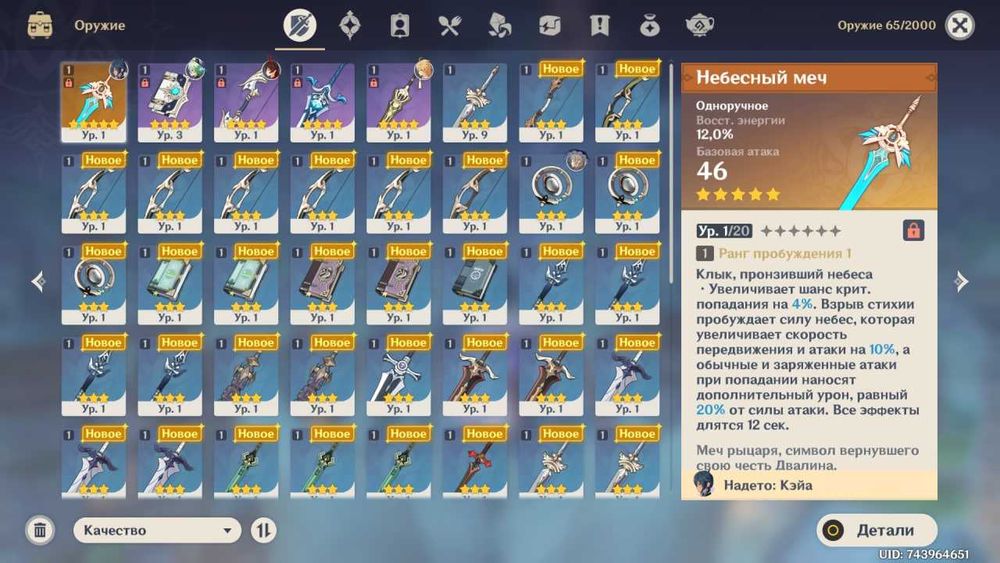 Акаунт Геншин Імпакт Небесний меч 10 ранг