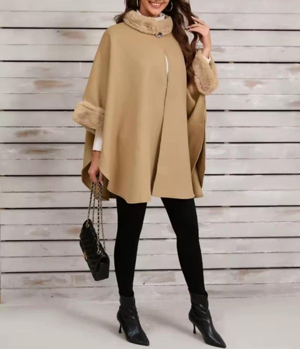 Ponczo/narzuta beżowa ze sztucznym futerkiem