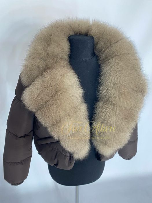 Жіночий короткий шоколадний пуховик з натуральним хутром песця 42-54 р