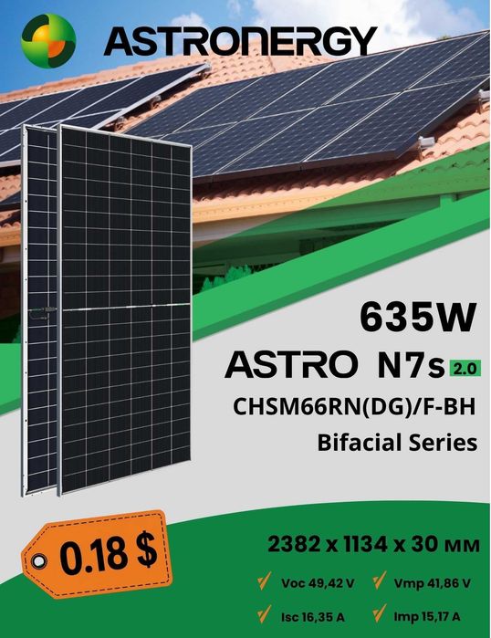 Сонячні панелі 635 W Astronergy Astro N7 2.0 Bifacial Скло-Скло (Tier 1)