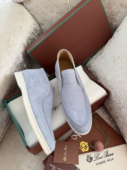 Жіночі лофери замшеві бежеві, сіро-блакитні loro piana