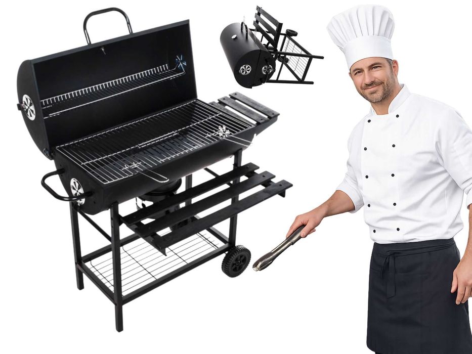 GRILL Grille Ogrodowy Węglowy Beczka Termometr Pokrywa GRATIS Super Mega Grillowanie