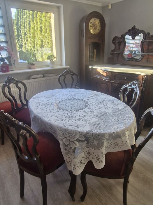 Stylowy zestaw ludwikowski stół+6 krzeseł+ bufet z marmurem
