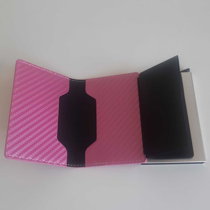 Pequena Carteira Porta Cartões Notas Alumínio Fibra Carbono Rosa
