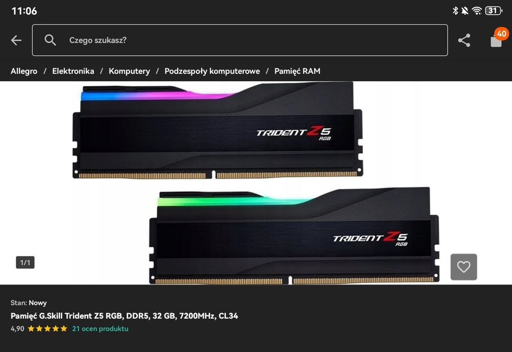Pamięć RAM G.Skill Trident Z5 RGB, DDR5, 32 GB 2 x 16 GB 7200MHz, CL34