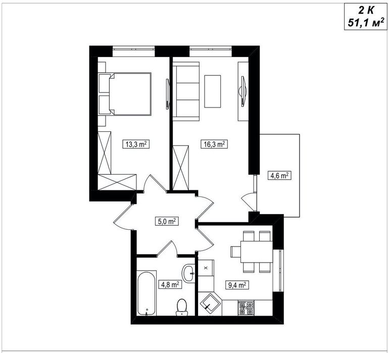 2-кімнатна квартира 51,1 м2 в новому будинку ЖК Амстердам Клубний