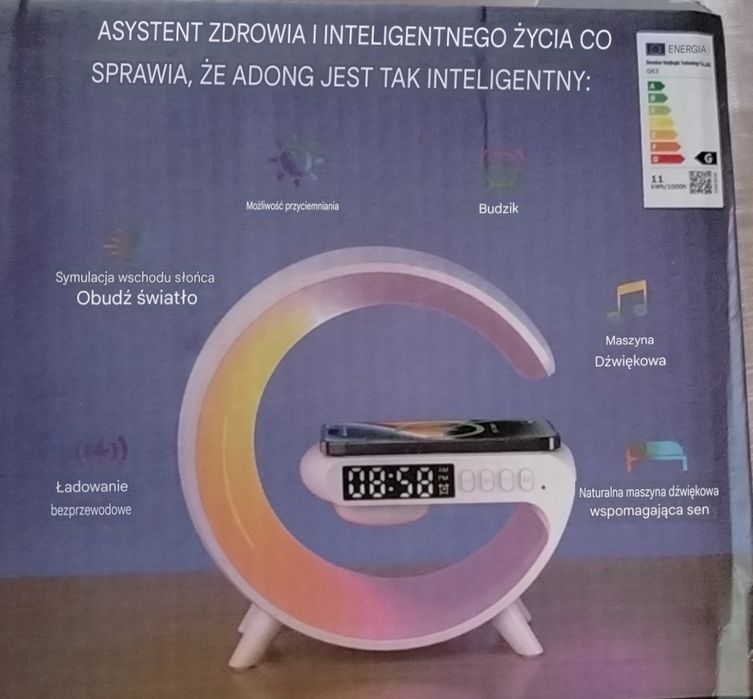 Lampka LED z ładowarka QI, głośnikiem Bluetooth RGB, Radio, Zegar