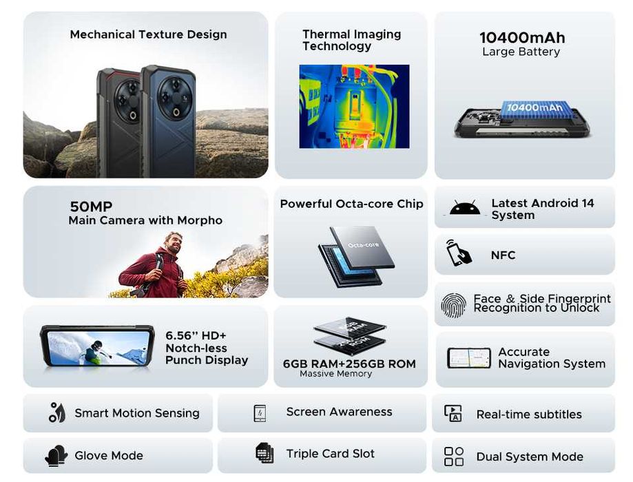 DOOGEE Fire 6, 16/256Gb, 50/8/тепловизор/8Mp, 10400мАч, 6,56" IP68/69К