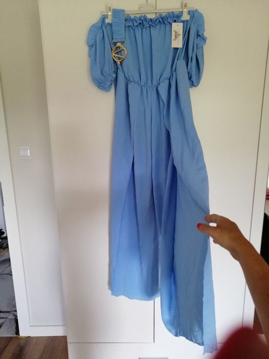 Kombinezon hiszpanka pasek rozcięcia baby blue błękit niebieski s m L