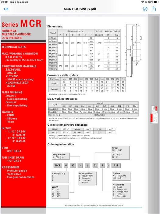 Filtro de fluidos Alimentares