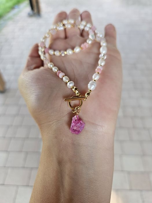 Naszyjnik kamienie naturalne Perły naturalne Opal peruwiański Kwarc