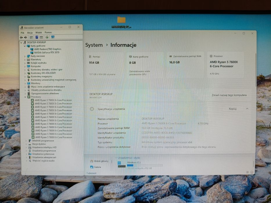 Zestaw Gamingowy Ryzen 5 7600x,RTX 3070 + MSi 24" 180 Hz