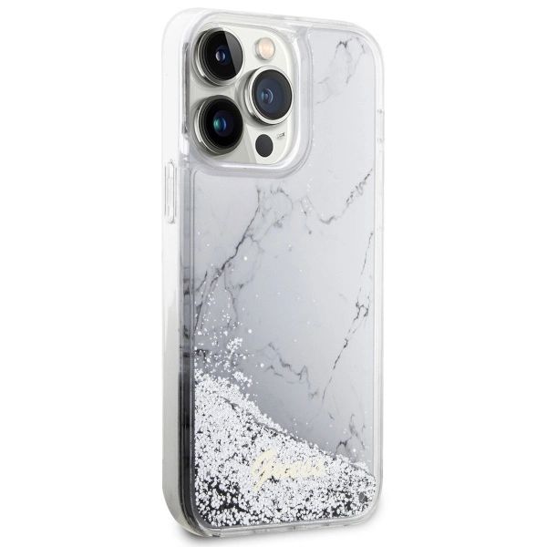Etui Guess Liquid Glitter Marble na iPhone 14 Pro Max - białe