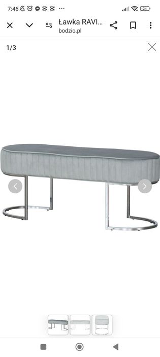 Piękna ławka Glamour welurowa szara srebrne nogi