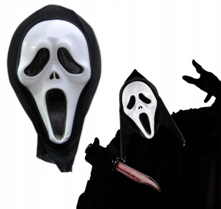 Strój Kostium HALLOWEEN MASKA Krzyk ŚMIERĆ PELERYNA Uniwersalny Rozmia