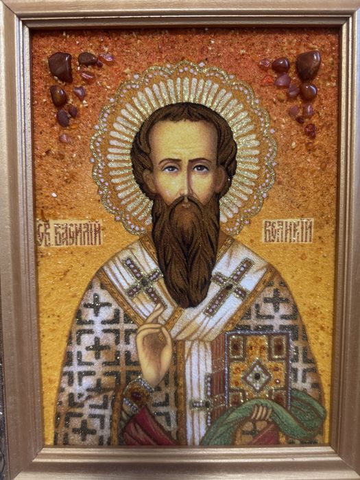 Ікона з бурштину Св.Василя Великого з рамкою нова