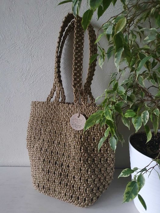 Torebka shopperka (makrama/boho) - jasne złoto