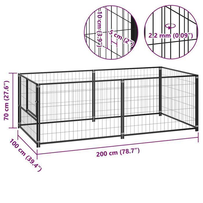 Vidaxl Kojec Dla Psa, Czarny, 200X100X70 Cm, Stalowy