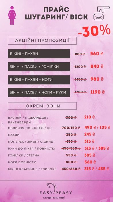 Електроепіляція, Воскова, Лазерна епіляція, Депіляція, Шугаринг