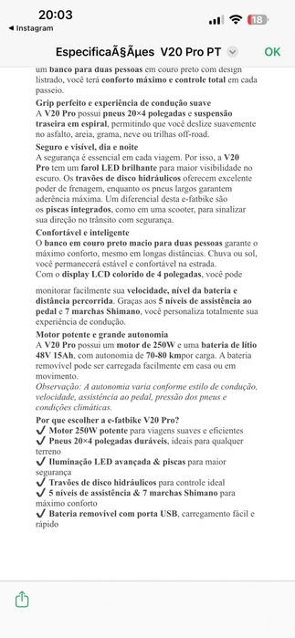 Bicicleta elétrica V20 Pro