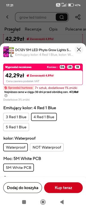 Taśma LED do roślin, pomidor, papryka, sadzonki do szklarni, full spektrum 5m