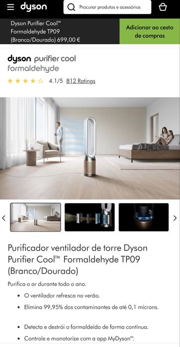 Purificador Ventilador de torre Dyson purifier cool branco dourado