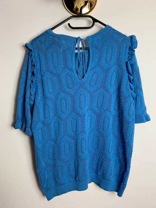 Piękny niebieski sweter na krótki rękaw ażurowy 100% bawełna