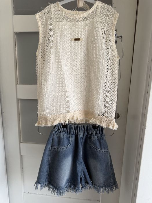 Boho Set: Ażurowa Kamizelka + Top + Szorty Jeansowe | Rozmiar 140