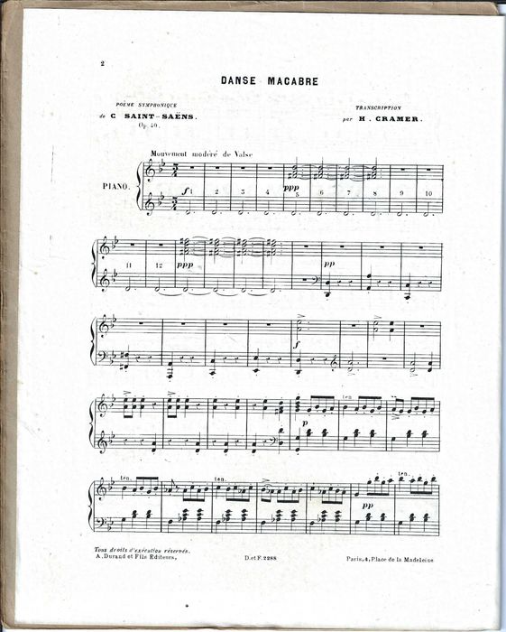 PIANO: Partitura Histórica da "Danse Macabre", de Saint-Saëns - Ed. Durand / Carimbo Valentim de Carvalho