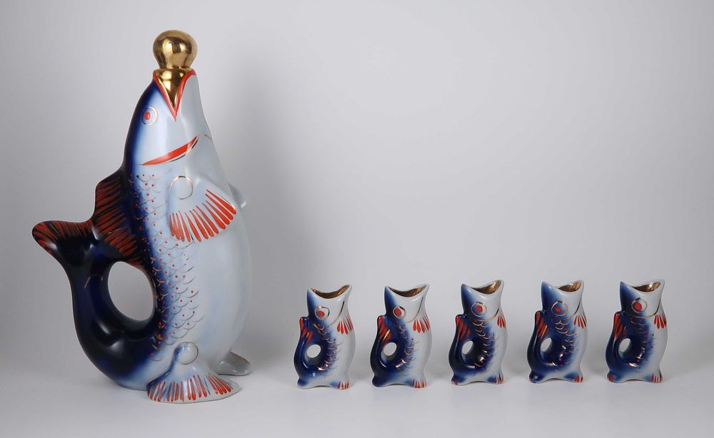 Garrafa e 6 copos - Faiança Modernista