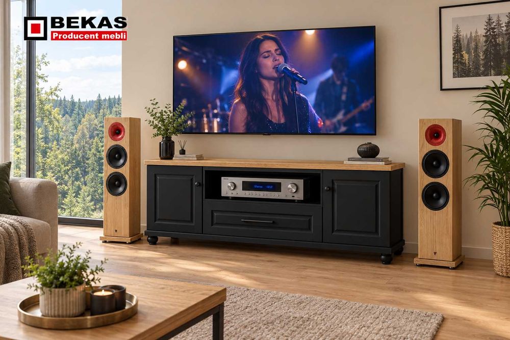 Czarna Komoda RTV Londyn 160`(2D-1s) Blat Dąb Jasny BEKAS Meble Producent