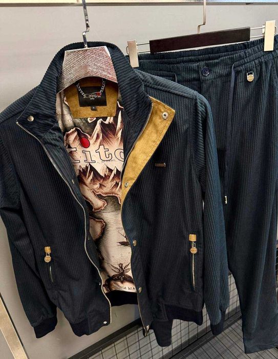 Чоловічий спортивний костюм Kiton / Кітон, вельветовий, кофта на блискавці та штани, темно-синій, Туреччина