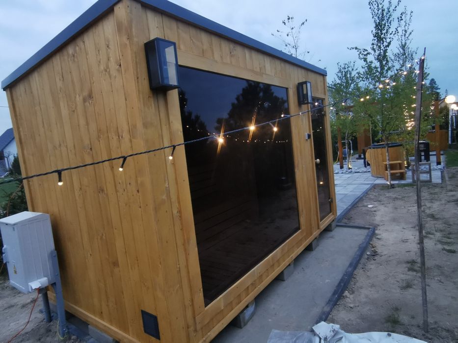 Sauna Ogrodowa Ocieplona zewnętrzna 4,5 x 2m Prysznic Piec Delux