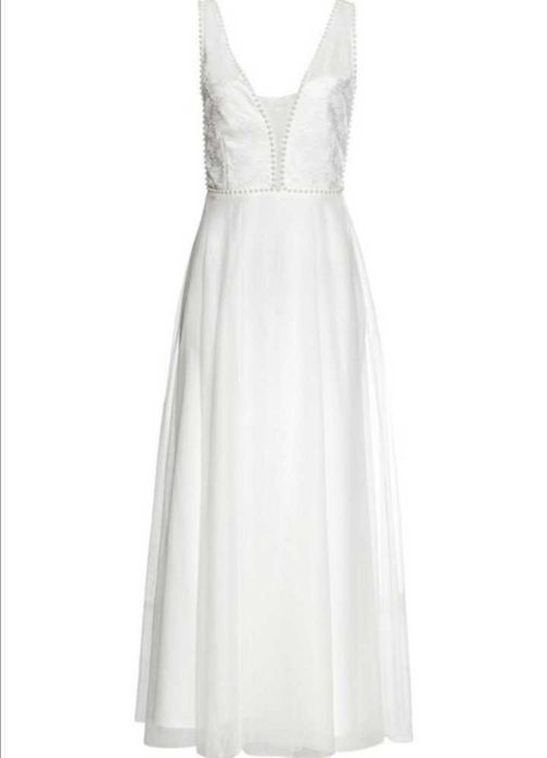 Nowa długa suknia ślubna z perełkami i koronką ślub 38