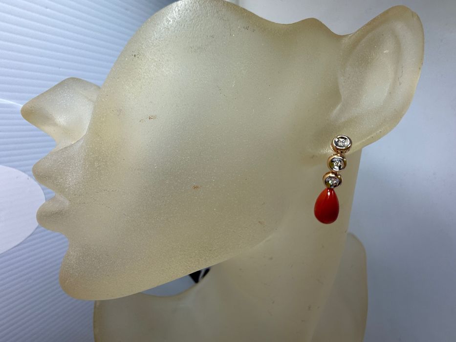 Kolczyki koral i brylanciki złoto próba 585