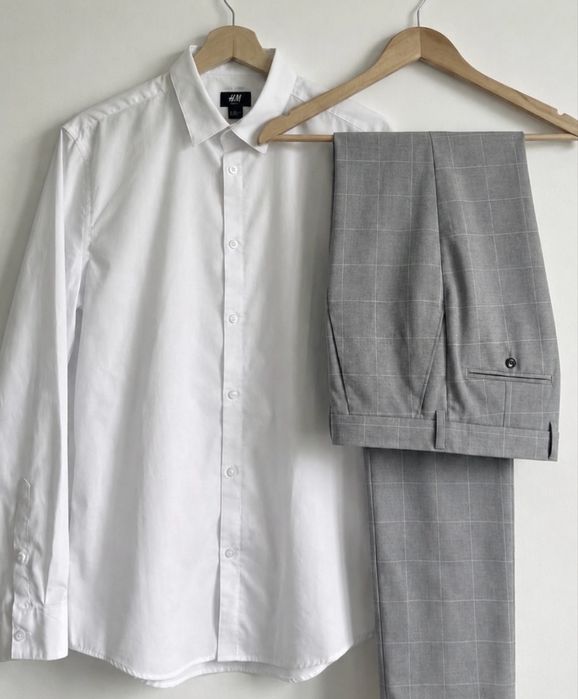 Zestaw męski wizytowy elegancki koszula biała spodnie szare H&M slim fit wesele zakończenie roku  L/175cm