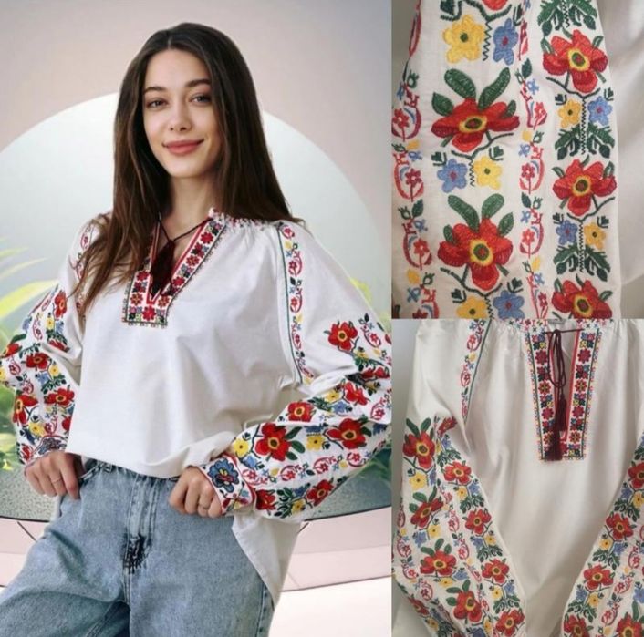 Жіноча вишиванка з червоними квітами S, M, L