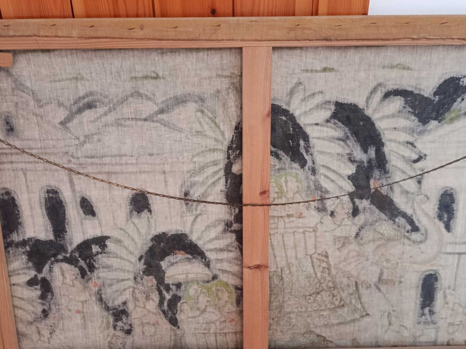 Quadro grande antigo pintado a mao sobre seda origem India