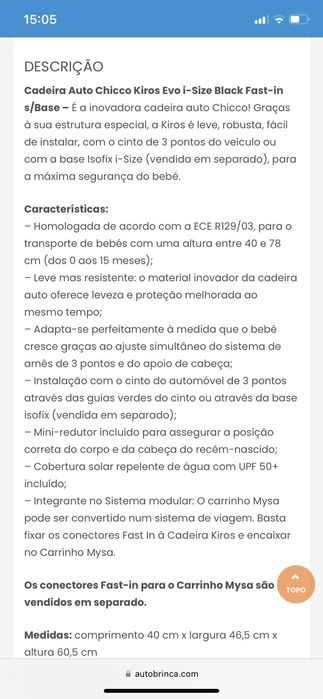 Cadeira chicco kiros i-size 0-13kg R129 com isofix