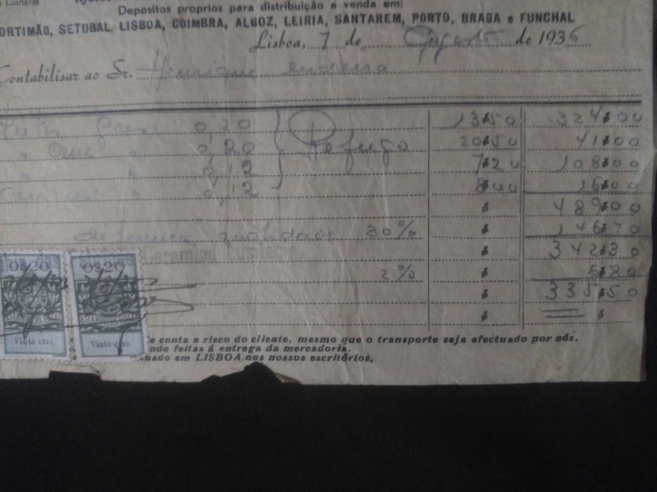 Fábrica Lusitânia - Rara Ordem de Entrega de Agosto de 1936