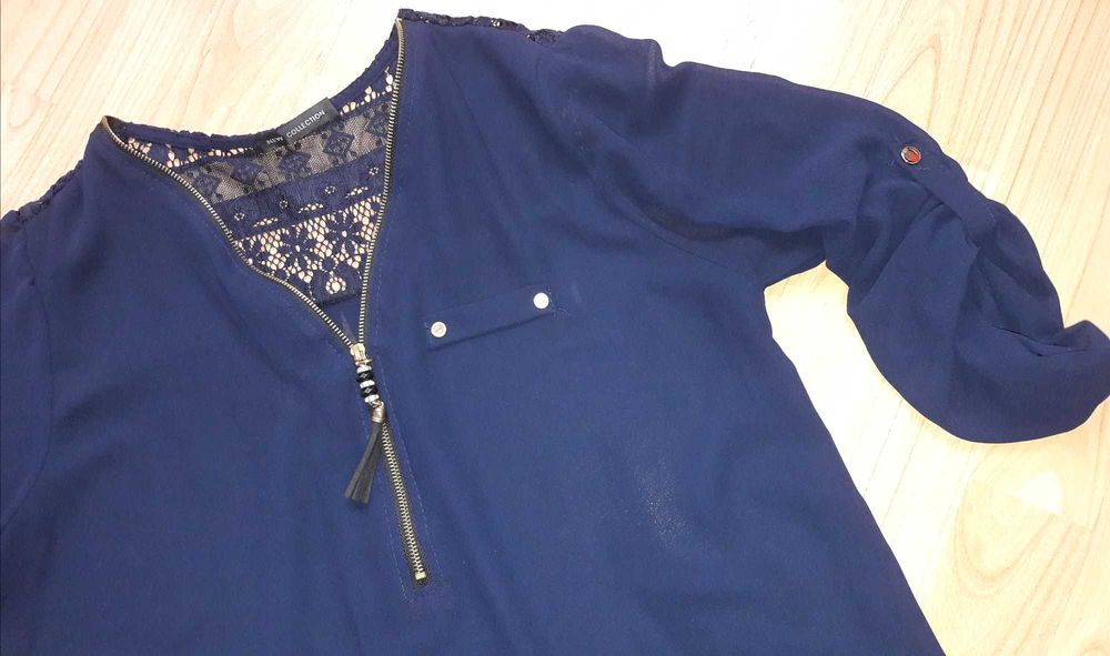 Granatowa Elegancka Bluzka ze Złotym Zamkiem, Koronka na Plecach L