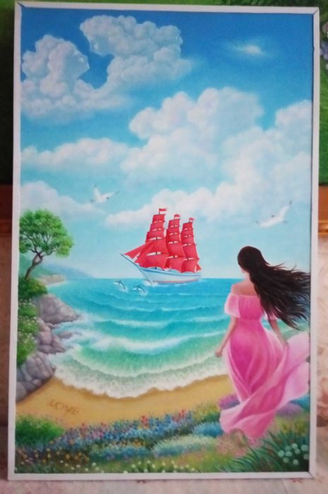 картина маслом ДВП розмір 70*45 *Червоні вітрила*